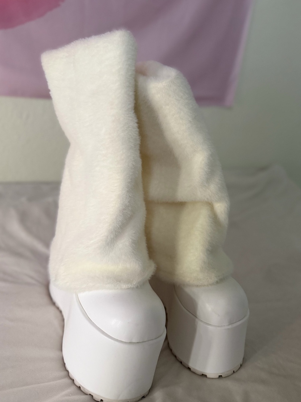 Sugar Thrillz Cream Faux Fur Platform Knee-High Boots with White Sole